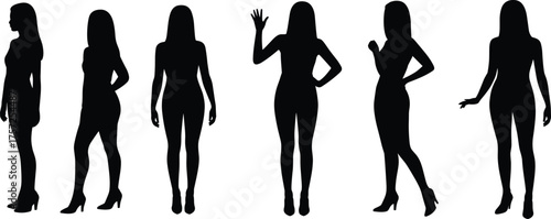 Fashion silhouette illustration, woman standing pose, high heel figure, model posture vector, lifestyle design, isolated black artwork, body gesture graphic