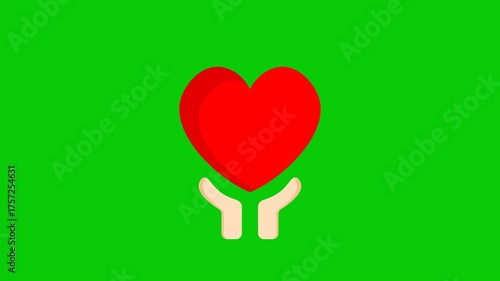4k animated illustration of hands holding a red heart with a dollar symbol on a green screen background, representing charity, donation, generosity, fundraising, financial aid, and love for giving.