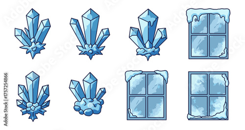 Cartoon blue ice crystals and frosted windows with snowy details on white background