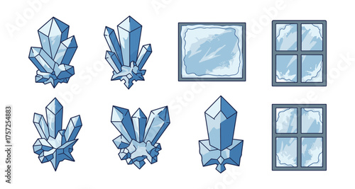 Blue crystal and frosted window set in cartoon style
