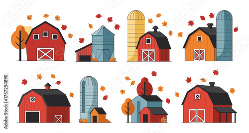 Autumn farm buildings with silo and falling leaves in flat style