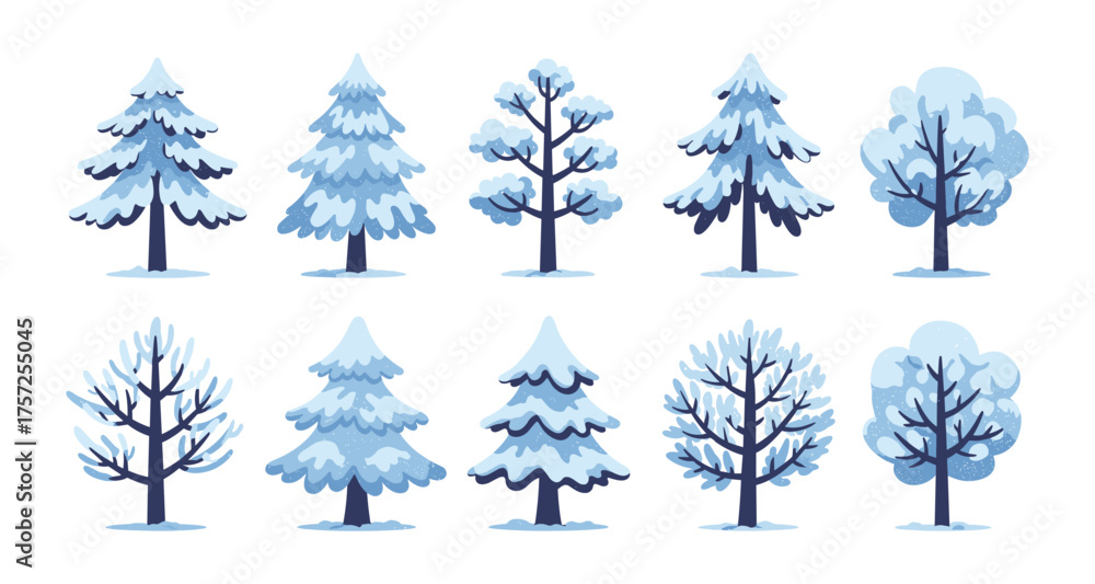 Obraz premium Winter trees collection featuring various snow-covered pine and deciduous designs in cartoon style