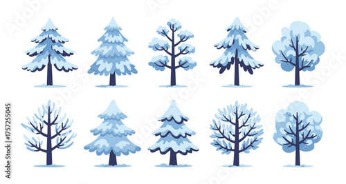 Winter trees collection featuring various snow-covered pine and deciduous designs in cartoon style