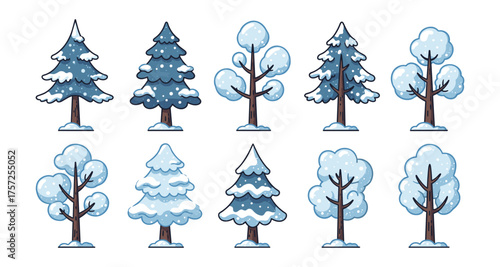 Winter snow covered trees collection in cartoon style