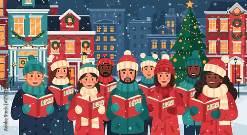 Festive Holiday Carolers Singing Christmas Songs in Snowy Town Square
