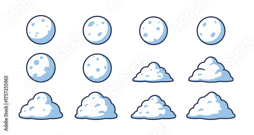 Cartoon style moon and cloud phases with blue outline on white background
