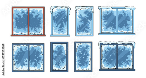 Various frosted window designs with snowflakes and ice patterns in winter