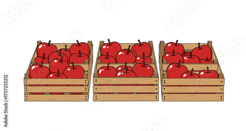 Wooden crates filled with red apples in a cartoon style