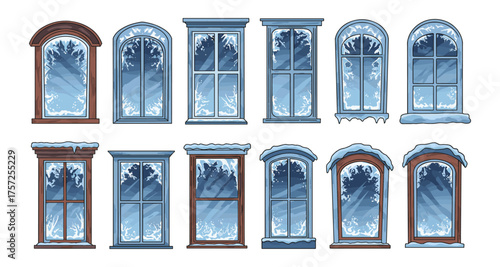 Variety of snow-covered windows in a winter wonderland