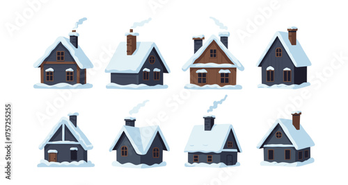 Charming snow-covered winter cottages with smoking chimneys