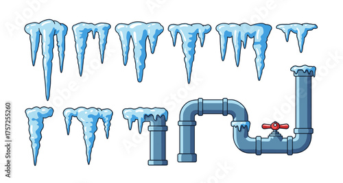 Collection of icicles and frozen pipes with ice dripping on white background