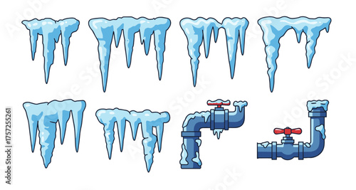 Frozen pipes and icicles set with cartoon style icy elements and water pipe design