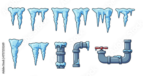 Frozen icicles and pipes with ice caps isolated on white background