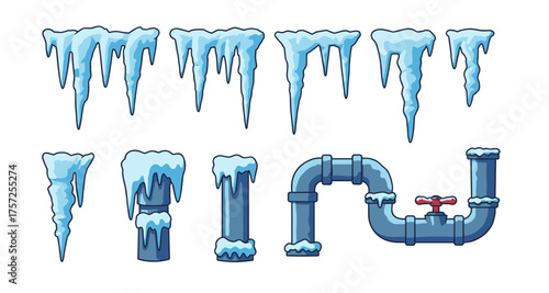 Frozen pipe with icicles: winter plumbing challenge in cartoon style