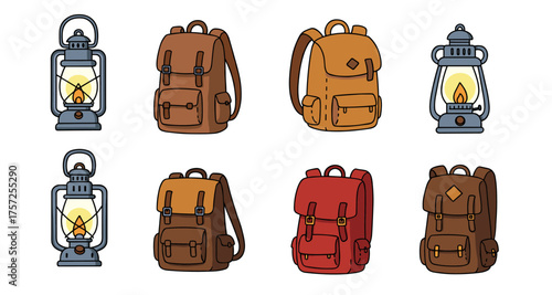 Vintage lanterns and backpacks set for outdoor adventure designs
