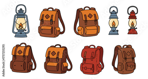 Camping gear: lanterns and backpacks in flat style