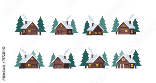 Cozy winter cabin collection with evergreen trees and snowy roofs
