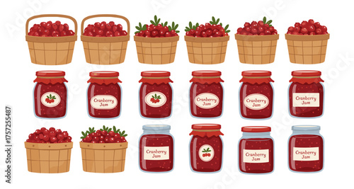 Cranberry harvest and jam collection: rustic baskets and jars in charming flat style