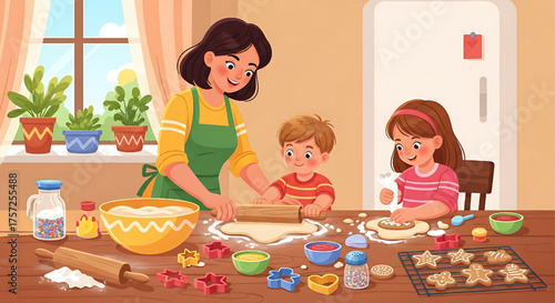 Family Baking Cookies Together at Home in Kitchen Illustration