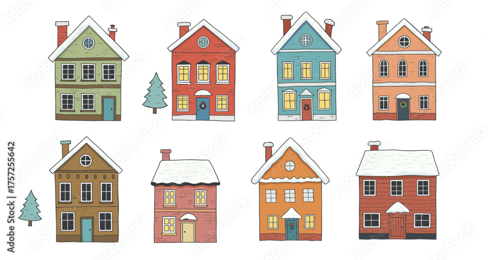 Fototapeta premium Charming winter homes collection in flat style with festive decor and snowy roofs