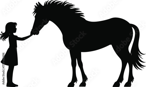 Girl with horse silhouette, human animal bond illustration, equestrian lifestyle vector, pet care design artwork, isolated black figure graphic