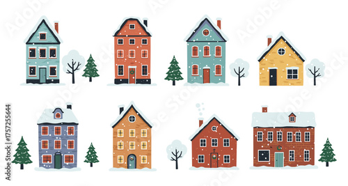 Charming winter village with snowy houses and pine trees