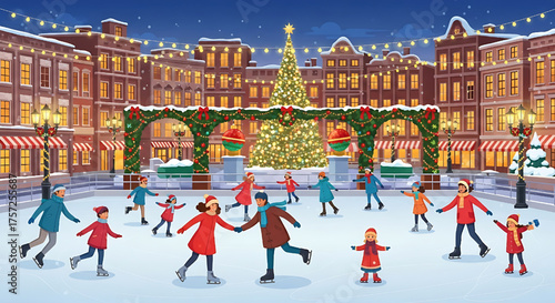 Festive Ice Skating Rink Scene with Christmas Tree and Cityscape