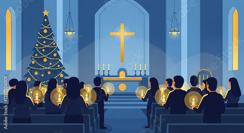 Christmas Eve Candlelight Service in Church Illustration