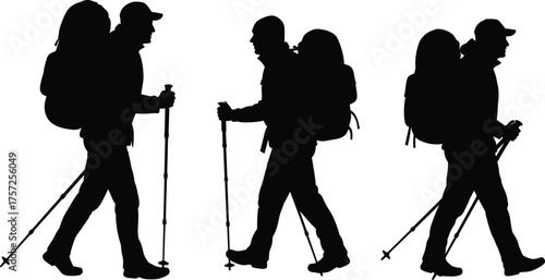 Silhouette of hikers walking with backpacks and trekking poles, outdoor adventure, mountain hiking, travel exploration and nature lifestyle concept