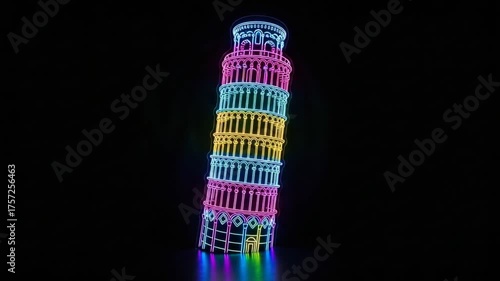 Neon Leaning Tower of Pisa Illustration on Black Background
