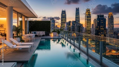 Luxury Penthouse Rooftop Pool with Stunning City Skyline View at Sunset