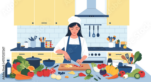 Chef preparing fresh vegetarian meal in bright kitchen, chopping vegetables for healthy cooking with vibrant, colorful ingredients in modern home setting