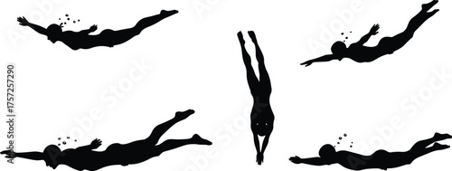 Silhouette of people swimming underwater and diving, aquatic sports training, water exercise, swimming motion and underwater activity illustration design