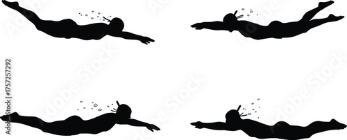 Silhouette of people snorkeling underwater, swimming with fins and mask, aquatic adventure and marine exploration water sport illustration design