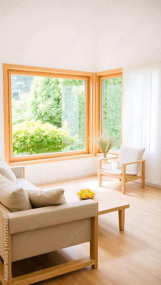 Fototapeta premium Generative AI bright airy living room with garden view.