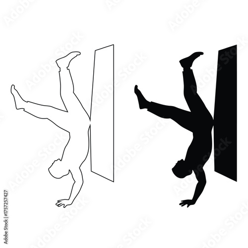 Silhouette of a man doing a handstand against a wall vector illustration for fitness and balance concepts isolated on white isolated on white background