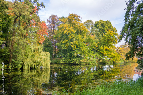 Slope green grass and trees in city urban park, Rijsterborgherpark or Singelplantsoen, Located near Deventer Station, Netherlands. High quality photo