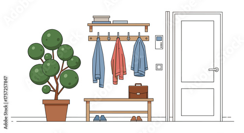 Stylish entryway with modern coat rack, potted plant, and organized shoes for a welcoming home interior, perfect for design inspiration and lifestyle content