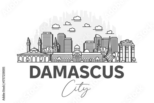 Damascus, Syria architecture line skyline illustration with shadows. Linear vector cityscape with famous landmarks, city sights, design icons.