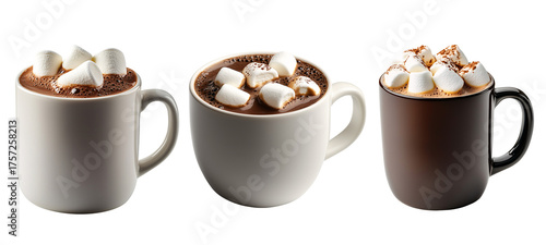 cup of coffee with chocolate,set of cup of rich hot chocolate with large, soft marshmallows floating on top isolated on transparent background	
