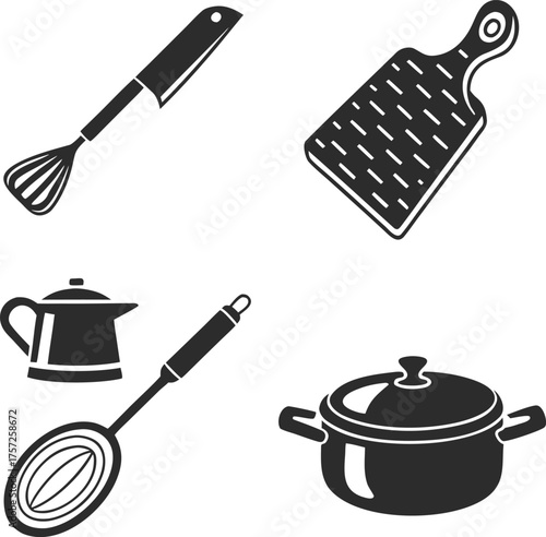 kitchen, utensil, icon, set, glyph, silhouette, cooking, tool, equipment, food, preparation, home, household, restaurant, chef, professional, culinary, gastronomy