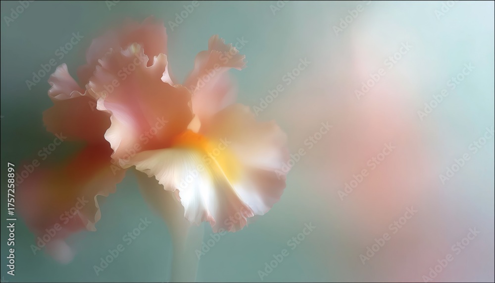 Fototapeta premium Soft focus photograph of a pastel-hued flower against a dreamy, blurred background, evoking tranquility and elegance.