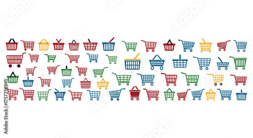 Colorful shopping carts and baskets pattern for retail promotions and online store designs, vibrant and eye-catching for sales and marketing campaigns