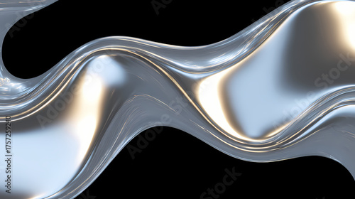 Abstract depiction of a flowing metallic ribbon with a glossy sheen, set against a dark backdrop, accentuating its contours and creating a sense of dynamic movement
