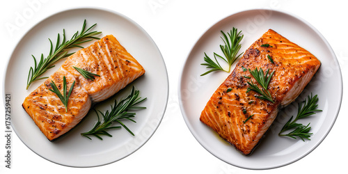 set of top view of a plate with baked salmon fillet, drizzled with olive oil and garnished with herbs isolated on transparent background	