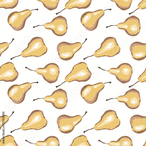 Seamless pattern with pear on color background. Natural delicious fresh ripe tasty fruit. Sweet pears with leaves. Food concept. Vector illustration for print, fabric, textile.