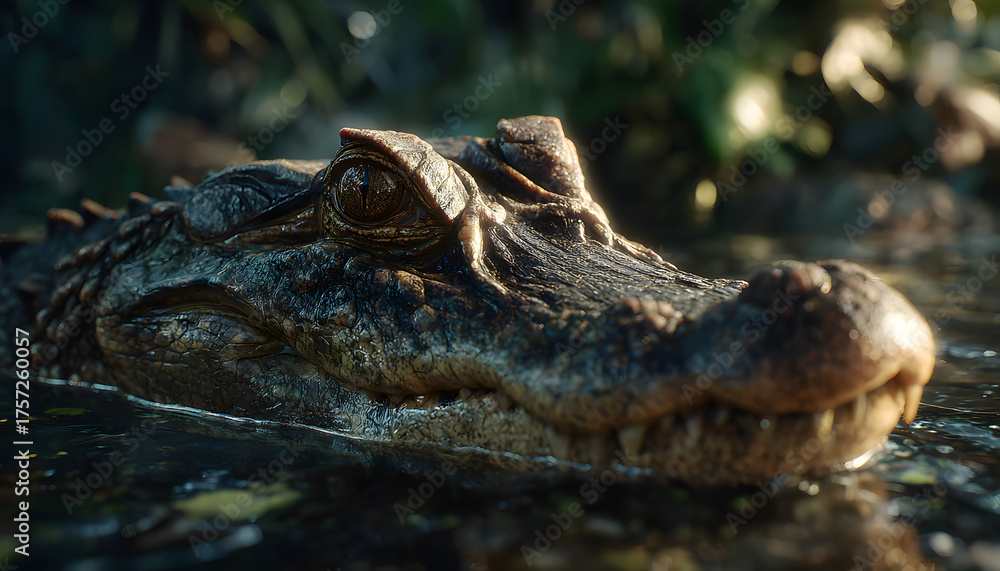 Fototapeta premium Close up of alligator head in dark murky water. Predator reptile emerges from swamp. Wild animal eyes watch intently. Danger lurks in natural eco habitat. Wild nature risk animal concept. Scary