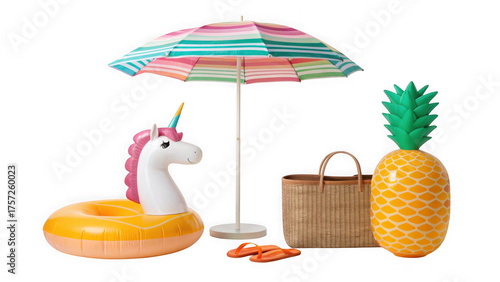 Summer beach accessories including a unicorn float, umbrella, pineapple, and bag isolated on transparent background