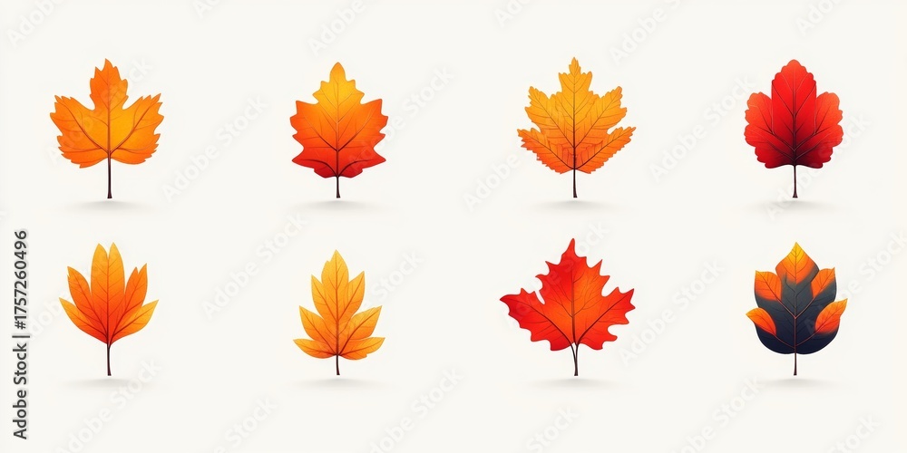 Fototapeta premium Eight Colorful Maple and Oak Leaf Illustrations on White Background Showcasing Seasonal Change.
