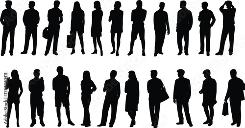 Standing people silhouette, casual and professional poses, human figure vector, lifestyle design, posture artwork, isolated black illustration, fashion concept